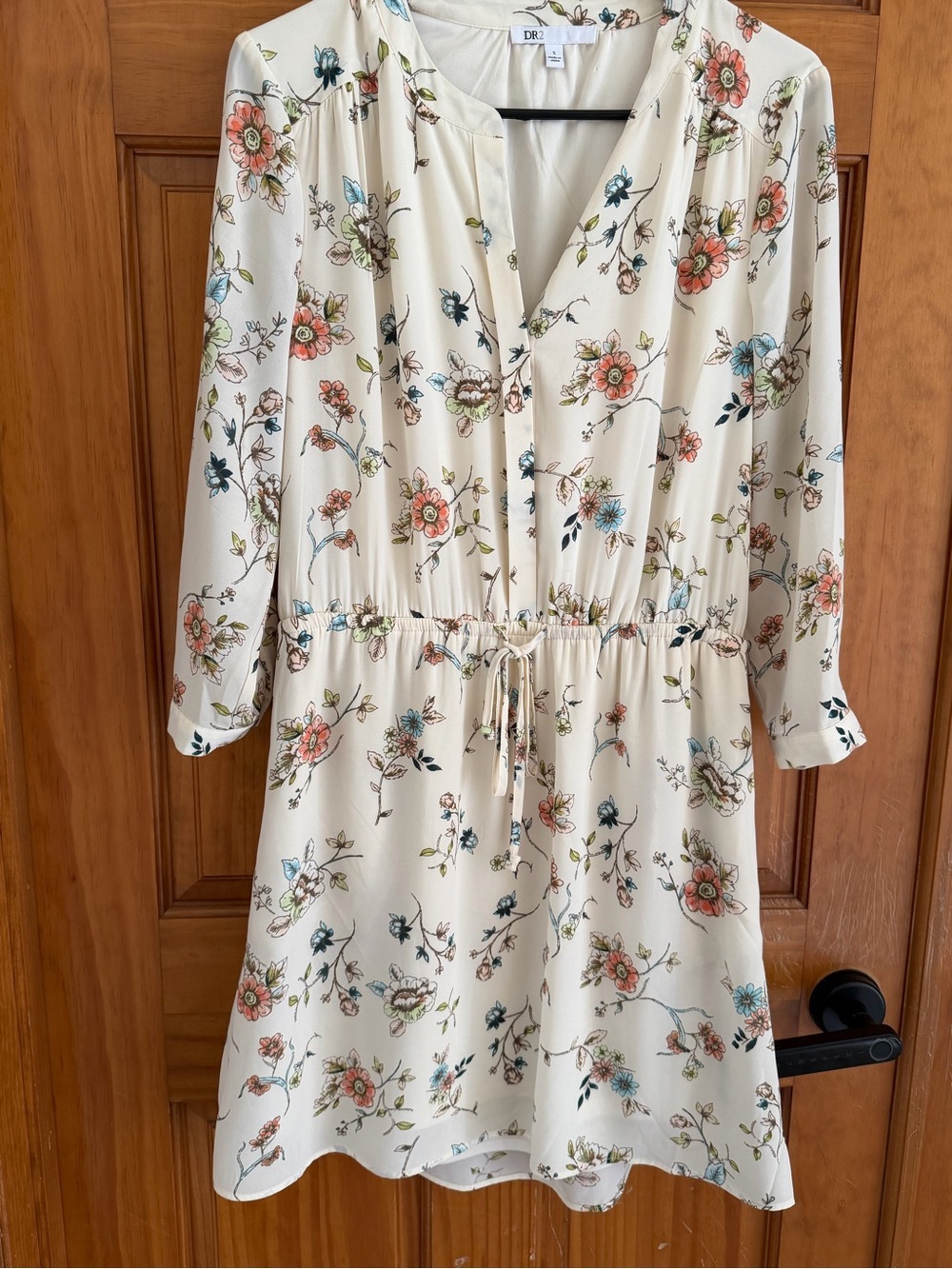 DR2 Cream Floral Long Sleeve Drawstring Dress
